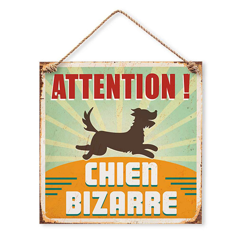 Plaque chien humoristique "Attention ! Chien Bizarre" en métal sur