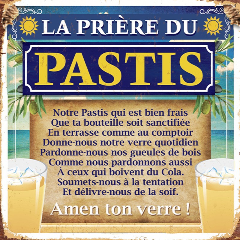 Plaque déco murale en métal avec slogan « La prière du Pastis