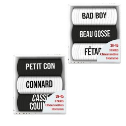 Coffret Trio Chaussettes Homme Noires et Blanches Fantaisie